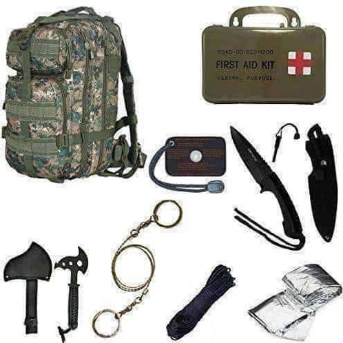 Ultimate Digital Camo Backpack Kit, Includes Signal Mirror,Polarshield Blanket, Knife, Fire Starter, Wire Saw, Axe, 50" Paracord & First Aid Kit