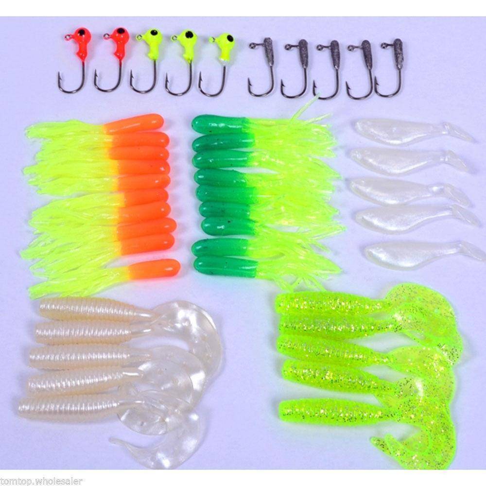 35 Soft Worm Fishing Baits & 10 Jig head hook set - OutdoorsAdventurer