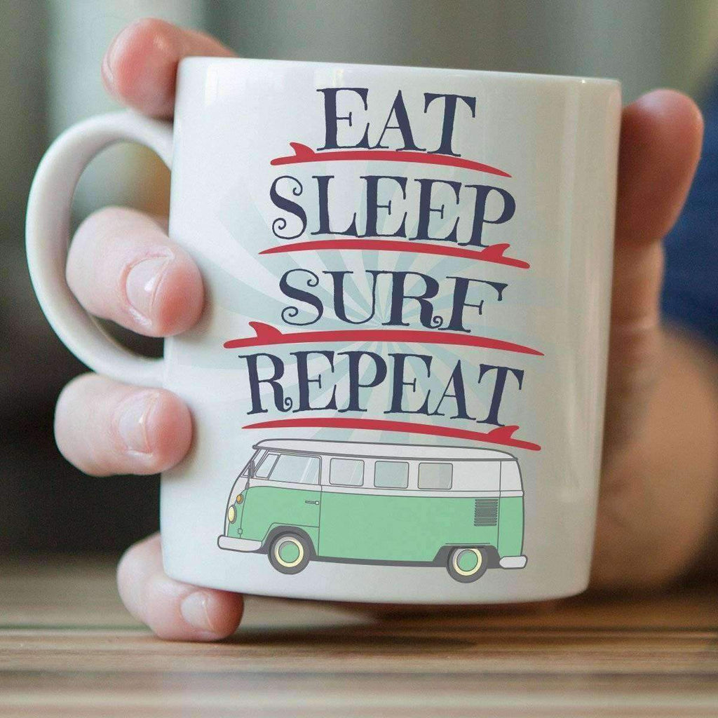 "Eat Sleep Surf Repeat" Surfing Mug - OutdoorsAdventurer