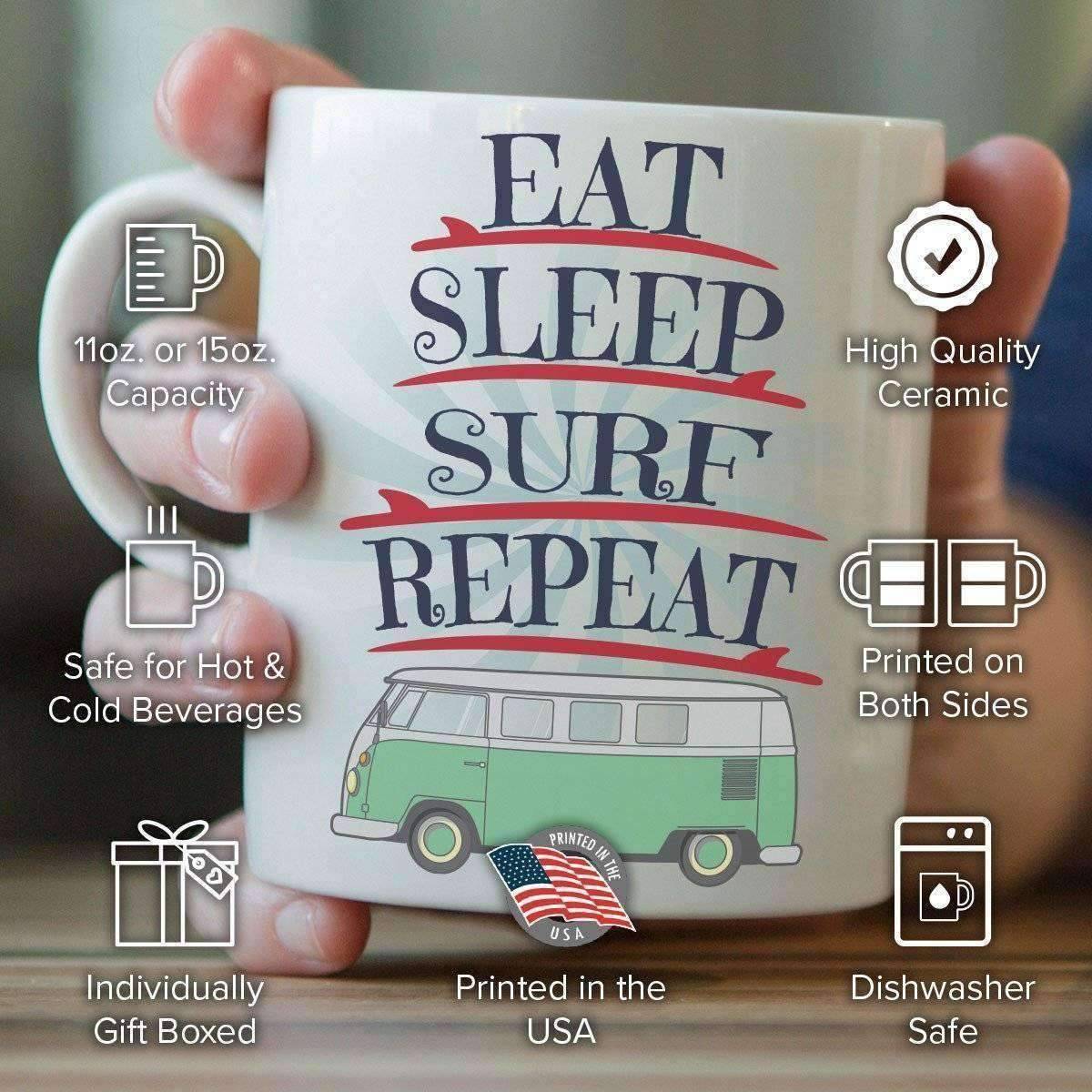 "Eat Sleep Surf Repeat" Surfing Mug - OutdoorsAdventurer